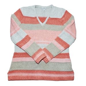 L.L. BEAN Chunky Knit Stripped V Neck Pullover Sweater